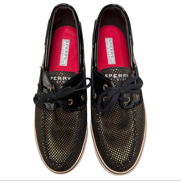 Sperry Top-Sider Black with Gold Polkadots Slip-On Loafer/Boat Shoes - Picture 2 of 10